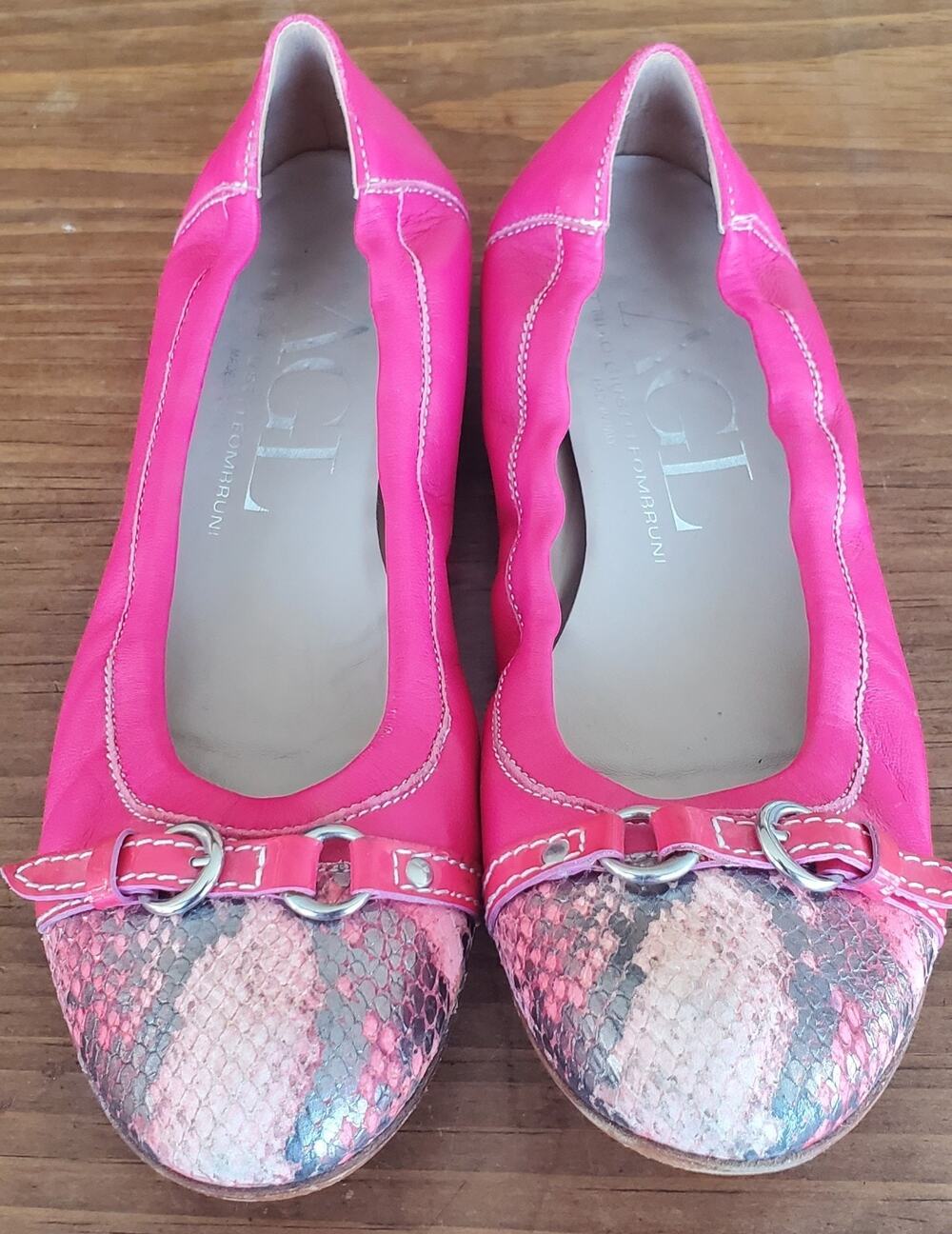 AGL Pink Italy Leather Ballet Flats Snakeskin Cap Toe Size 39 US 8.5